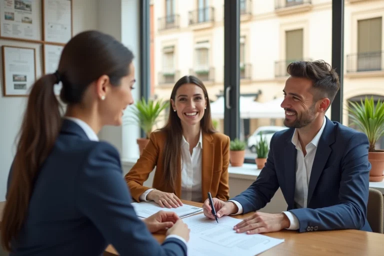 Agente immobilière de l'agence Beautiful South à Perpignan présentant des documents à un couple de clients satisfaits dans un bureau moderne