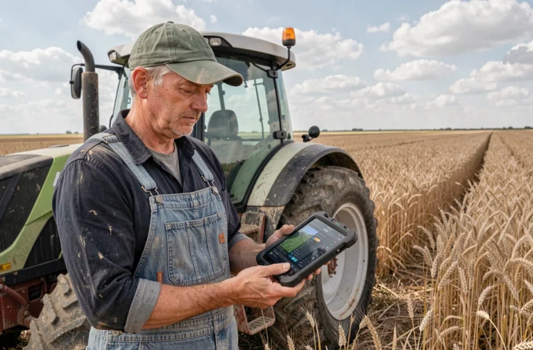 Agriculteur analysant les données de sa flotte agricole sur une tablette numérique au bord d'un champ de blé