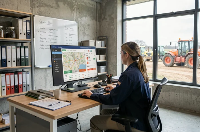 Agronome gérant une flotte de machines agricoles depuis un tableau de bord numérique dans un bureau de ferme moderne
