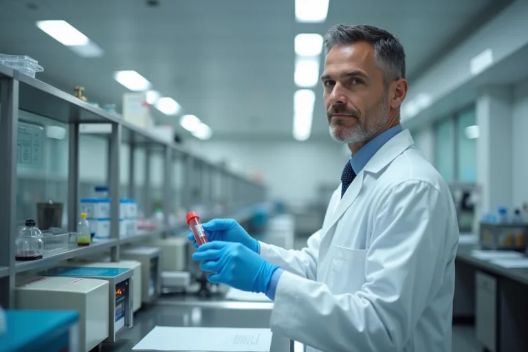 Technicien de laboratoire manipulant un tube de prélèvement sanguin pour analyse toxicologique