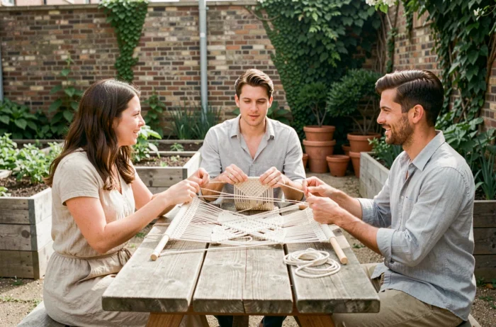 Groupe d'adultes participant à un atelier de macramé en plein air dans un jardin urbain communautaire