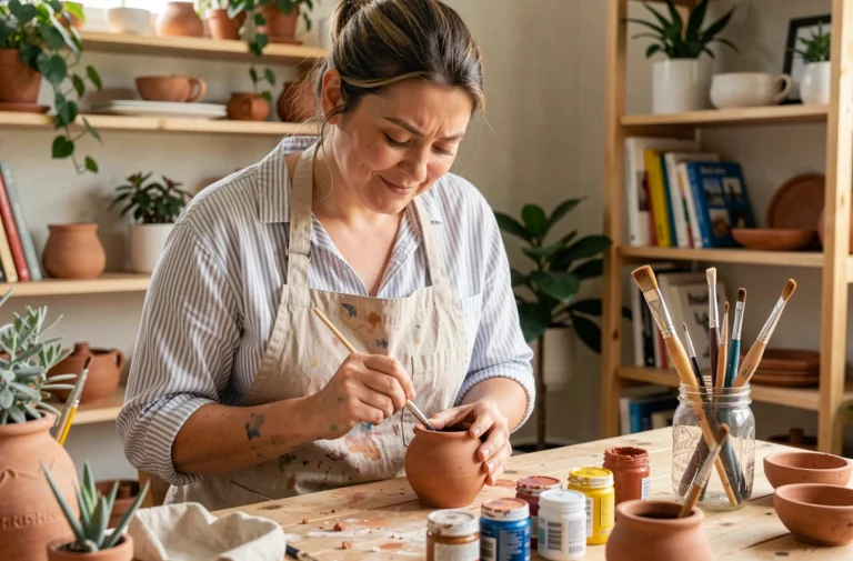 Femme adulte peignant un pot en céramique dans un atelier créatif fait maison, entouré de pinceaux et de plantes