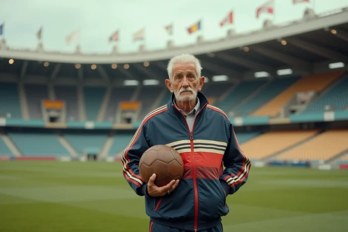 Sportif senior en tenue vintage sur le stade