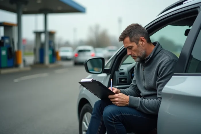 Automobiliste remplissant un chèque dans sa voiture après avoir fait le plein d'essence