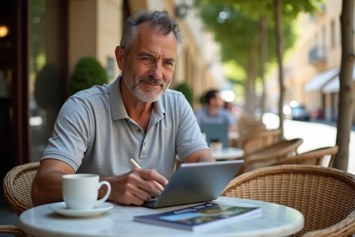 Client rédigeant un avis positif sur une tablette en terrasse de café à Perpignan après son expérience avec l'agence immobilière Beautiful South