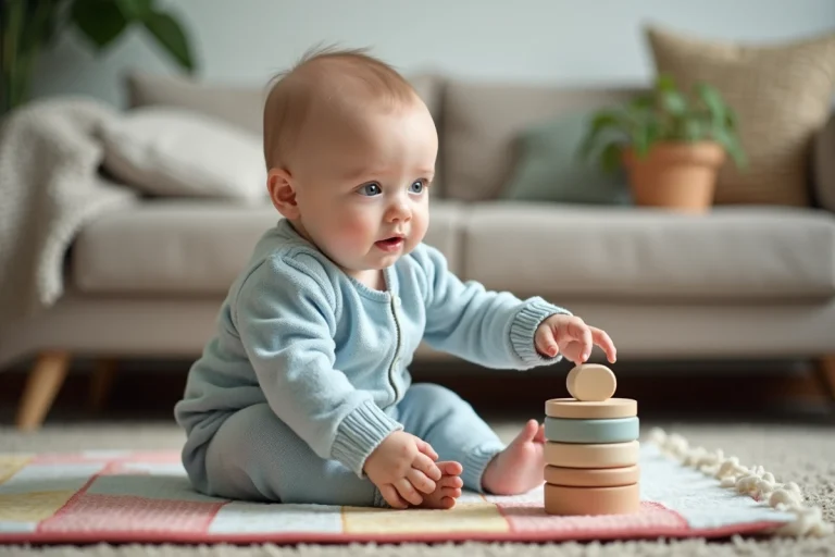 Bébé de 8 mois en pyjama bleu clair joue avec un jouet en bois