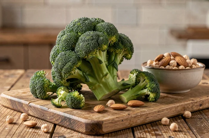 Tête de brocoli frais sur une planche en bois rustique entourée de pois chiches et d'amandes, illustration des protéines végétales et des bienfaits nutritionnels du brocoli