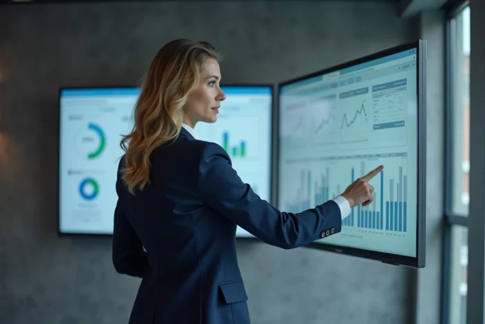 Femme cadre présentant un tableau de bord de performance et d'indicateurs éthiques sur un écran numérique dans une salle de réunion moderne