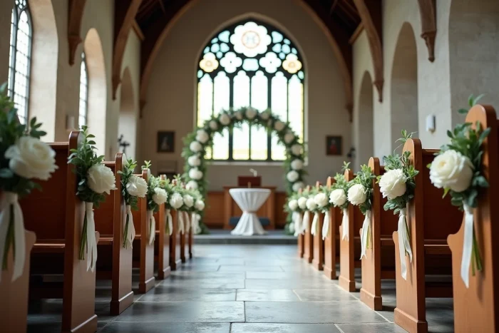 Décoration d'une cérémonie de mariage dans une chapelle historique avec arche florale blanche et allée ornée de bouquets