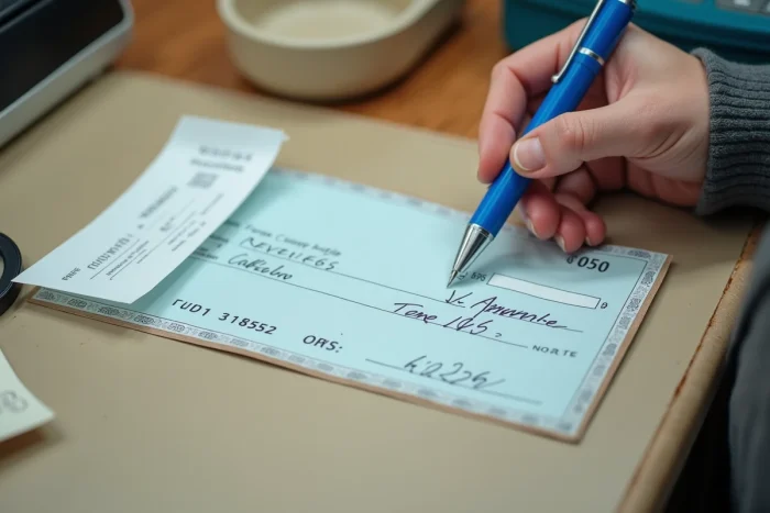 Gros plan sur un chéquier et un stylo lors du paiement d'essence en station-service