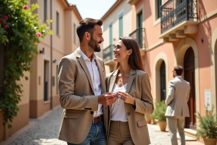 Couple heureux tenant les clés de leur nouvelle maison à Perpignan après une transaction réussie avec l'agence immobilière Beautiful South