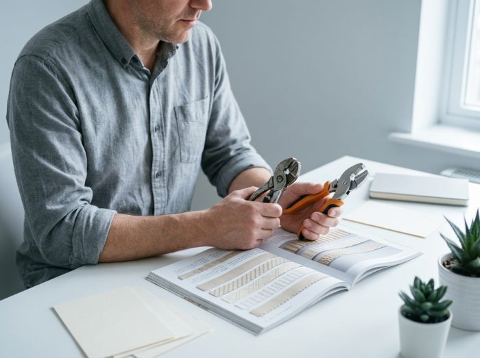 Comparaison de deux pinces à gaufrer vintage et moderne sur un bureau avec des échantillons de papier gaufré