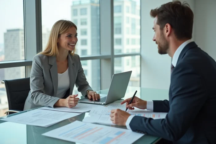 Femme et comptable discutant de la suppression d'un formulaire fiscal dans un bureau moderne