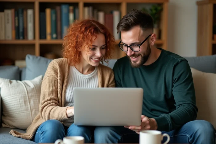 Couple regardant ensemble le plan du site d'un site de décoration intérieure sur un canapé dans leur salon