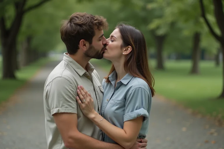 Un couple s’embrassant tendrement dans un parc verdoyant