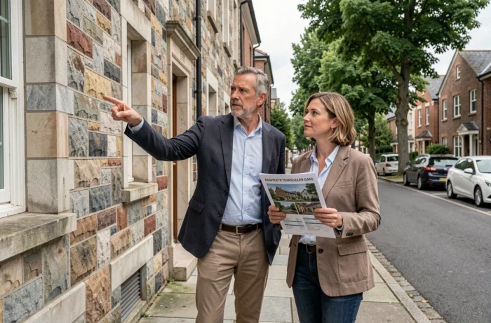 Couple évaluant un immeuble résidentiel dans une rue calme lors d'une visite immobilière