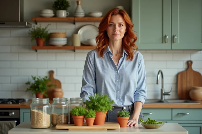 Femme décorant un comptoir de cuisine avec des bocaux en verre, des herbes fraîches et des accessoires naturels