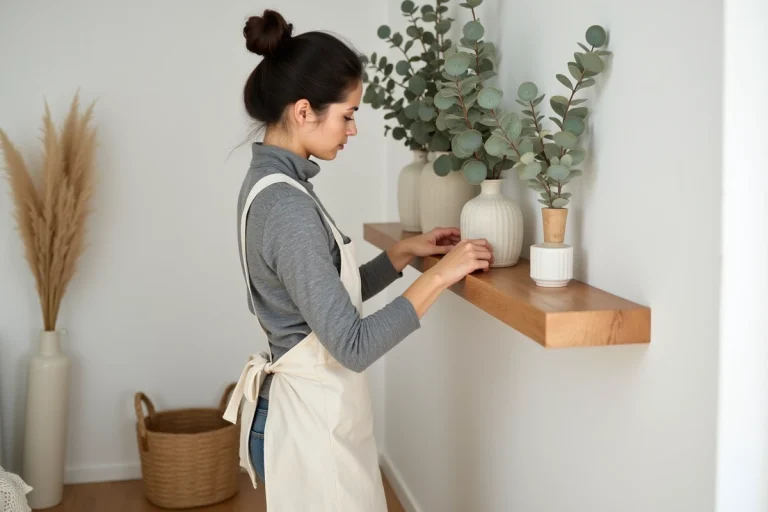 Femme arrangeant des branches de décoration sur une étagère en bois dans un salon scandinave minimaliste