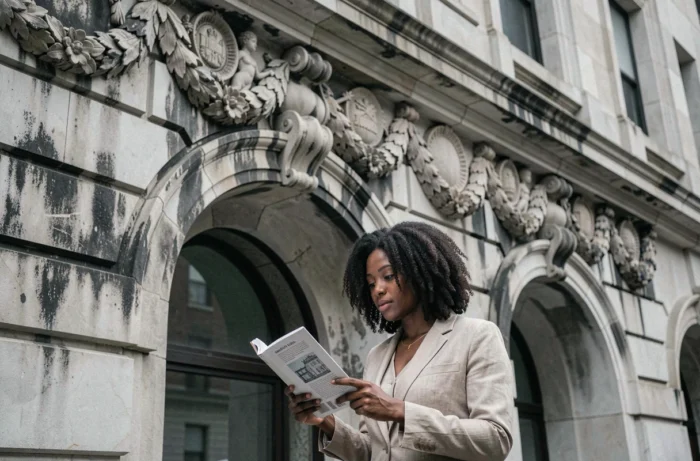 Détails sculpturaux en calcaire d'un immeuble Beaux-Arts du Grand Concourse dans le Bronx, avec une femme consultant un guide architectural au premier plan