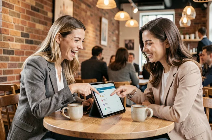 Deux femmes partageant une tablette affichant une liste de recommandations dans un café urbain chaleureux