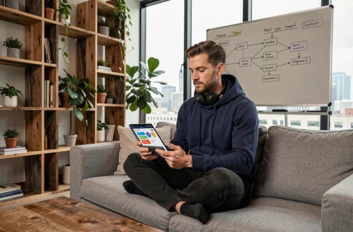 Développeur d'applications mobiles travaillant sur un prototype d'interface utilisateur dans un espace de co-working créatif et inspirant