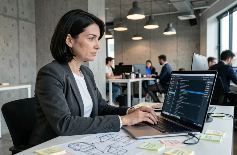 Développeuse web concentrée travaillant sur une application innovante dans un bureau moderne avec des maquettes de projet et un écran de code