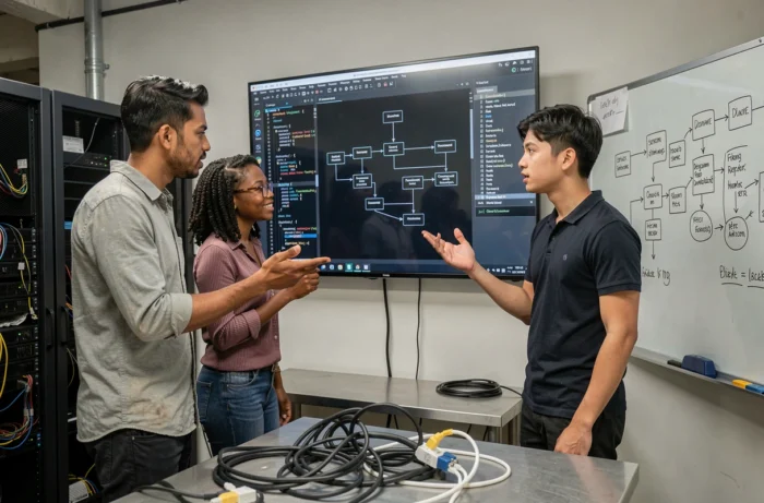 Équipe de développeurs web collaborant sur l'architecture d'un projet applicatif innovant autour d'un grand écran de code en salle technique