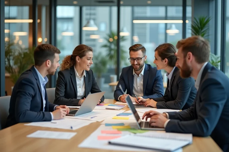 Équipe professionnelle réunie autour d'une table de conférence pour discuter de solutions innovantes en matière d'éthique et de performance en entreprise