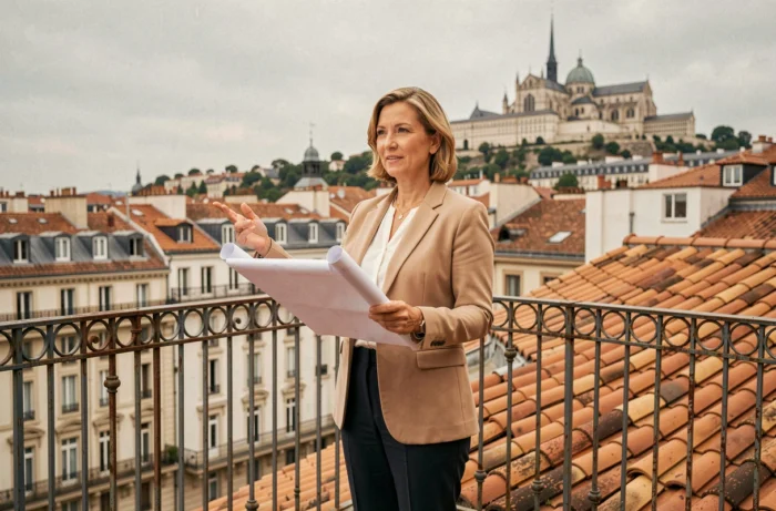 Experte immobilière tenant des plans architecturaux sur une terrasse avec vue sur les toits de Lyon et la basilique de Fourvière