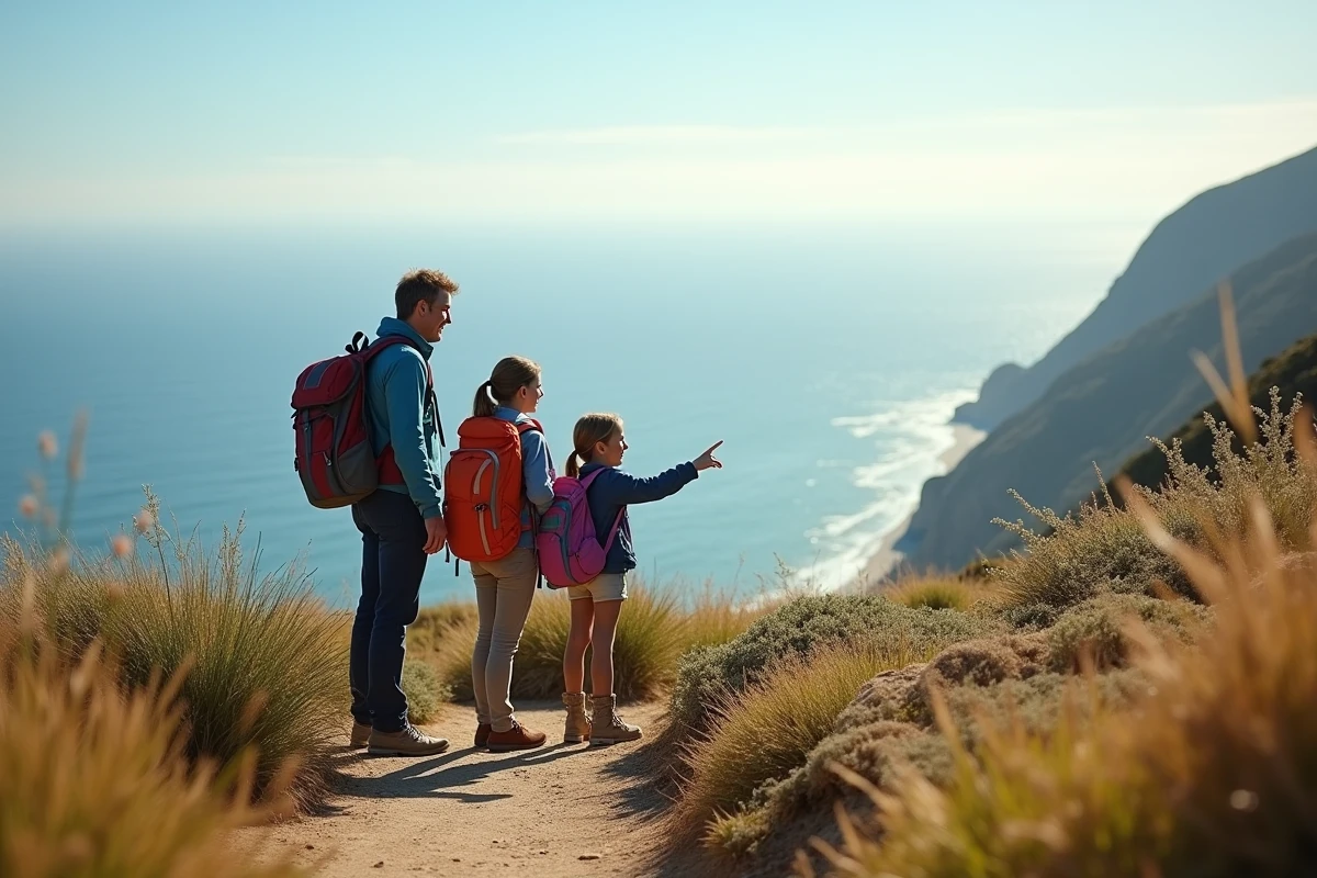 Famille de quatre en randonnée avec vue sur la mer et montagnes
