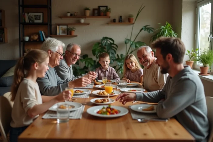 Famille multigenerational partageant un repas convivial