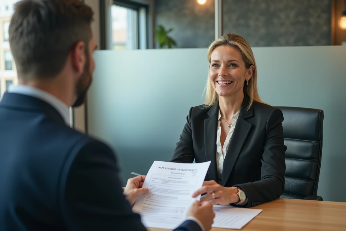 Professionnelle remet un contrat de prêt immobilier à un client
