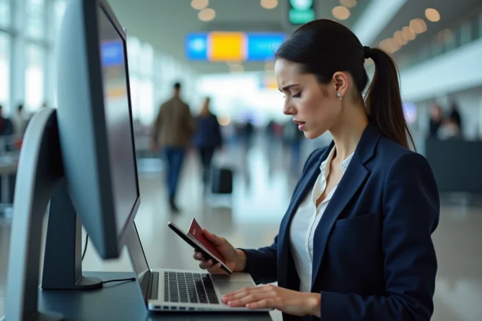 Femme à l'aéroport vérifiant son passeport et son ordinateur