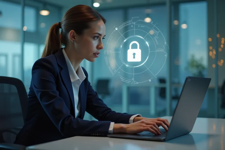 Femme d'affaires concentrée vérifiant la sécurité informatique