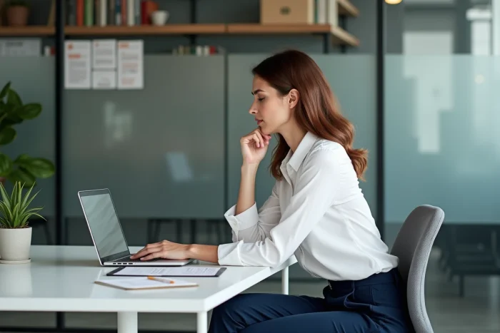Femme en bureau moderne consulte des formations en ligne