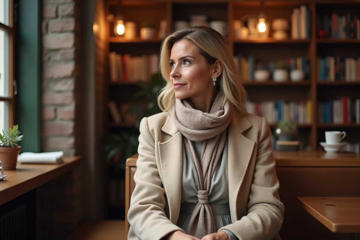 Femme assise dans un café avec un manteau beige