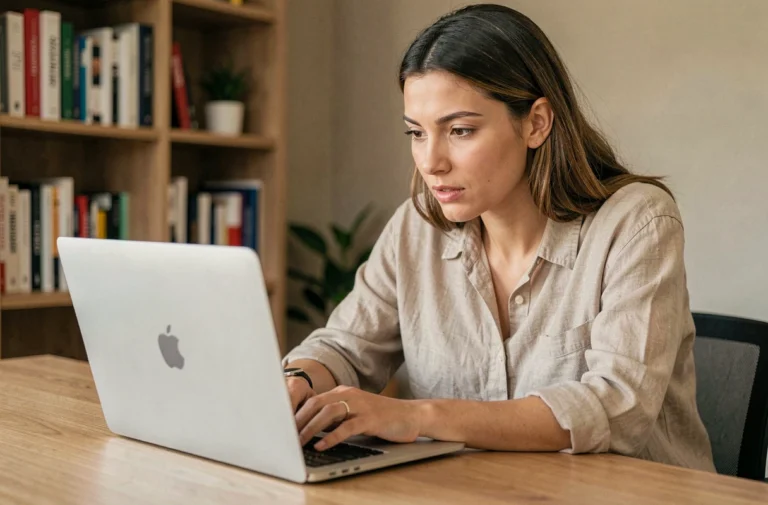 Femme consultant une liste de tops sur son ordinateur portable dans un bureau à domicile moderne et organisé