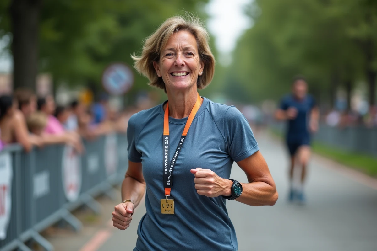 Femme coureuse souriante après la ligne d