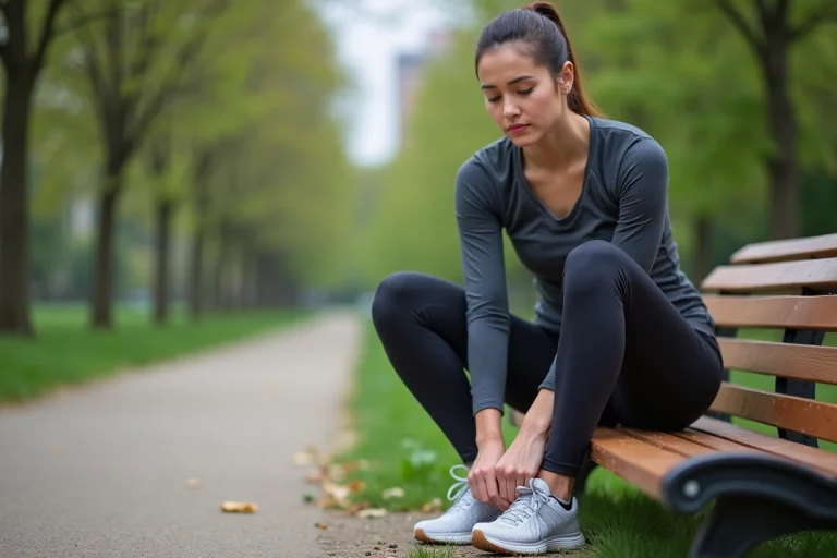 Femme en tenue de sport se préparant à courir dans un parc urbain