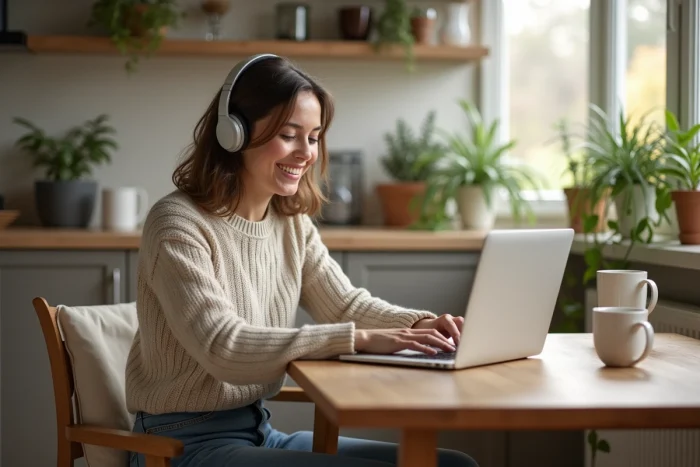 Femme souriante écoutant un podcast dans sa cuisine lumineuse