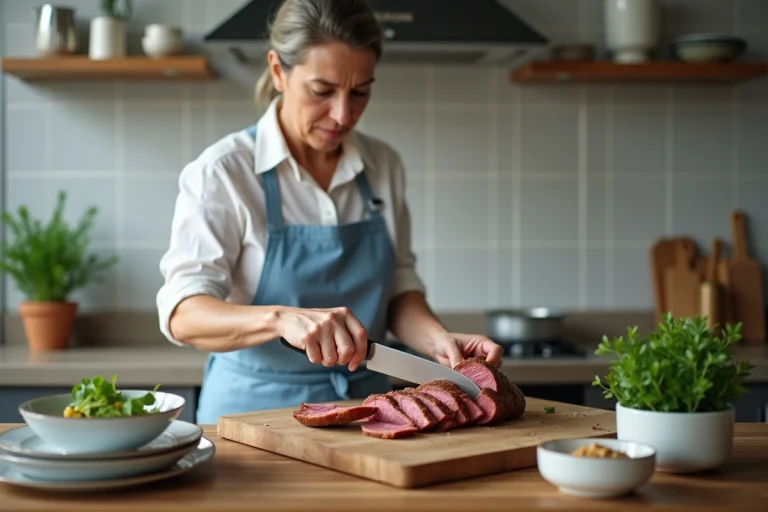 Femme en cuisine tranchant de la langue de boeuf cuite