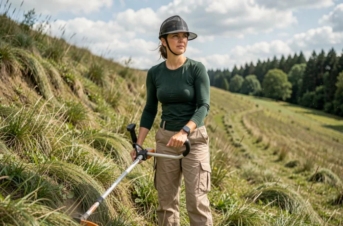 Femme en tenue de protection utilisant une débroussailleuse thermique sur un terrain en pente dans un jardin rural