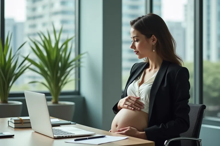 Femme enceinte au bureau dans un environnement moderne