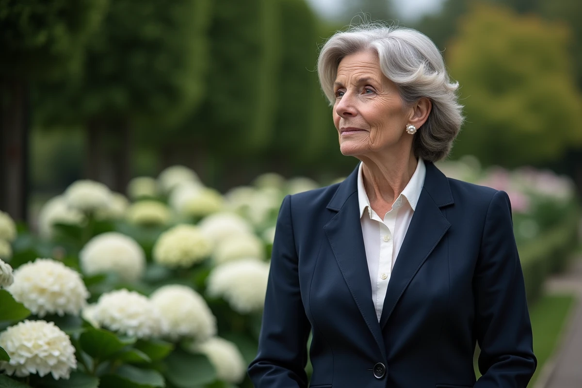 Femme confiante dans un jardin avec hortensias en arrière-plan