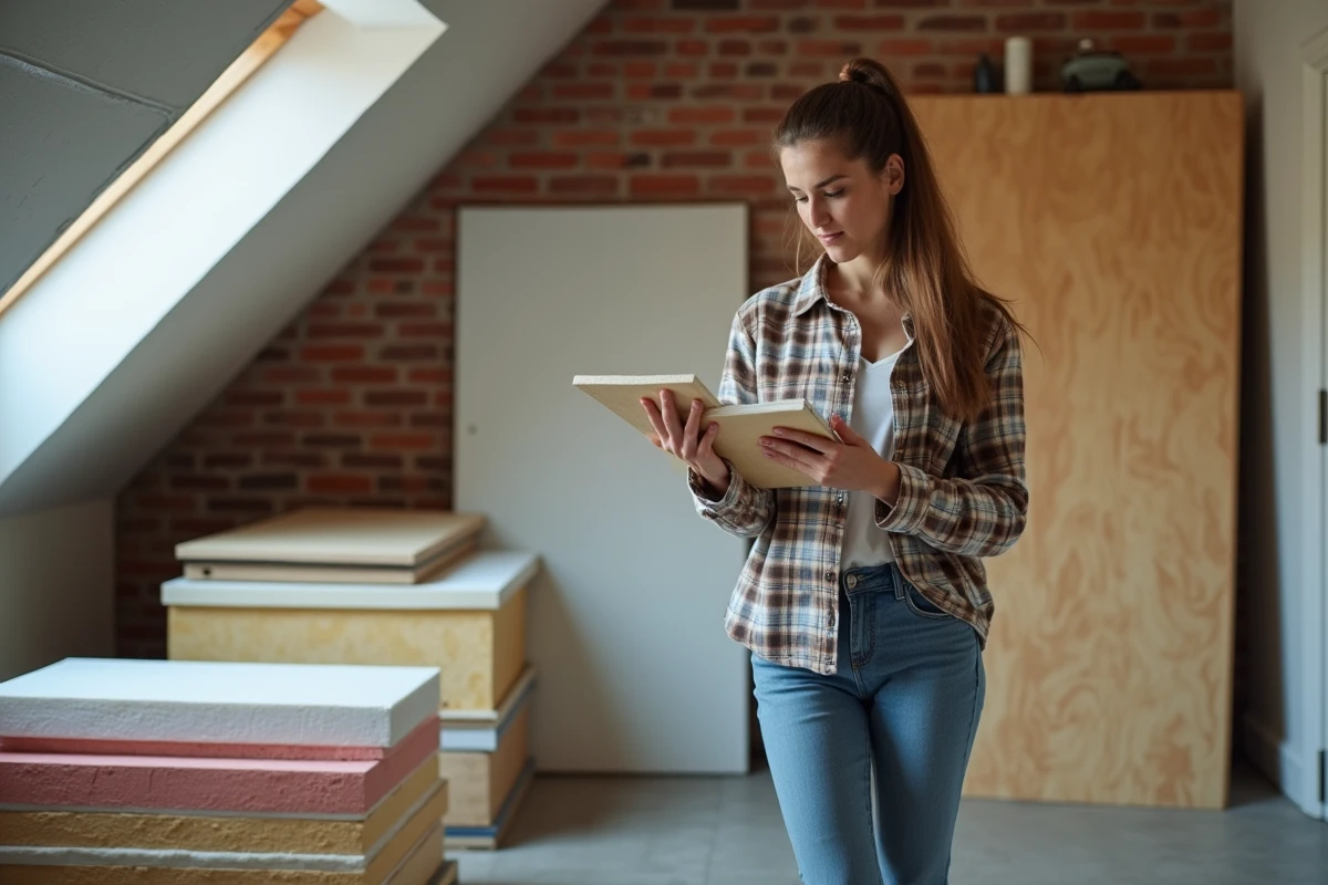 Jeune femme comparant des panneaux d isolation dans un loft