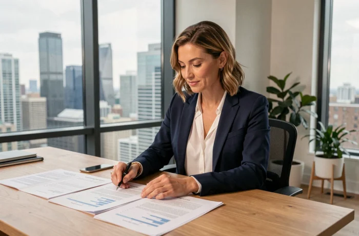 Femme professionnelle analysant des documents d'investissement immobilier dans un bureau moderne avec vue sur la ville