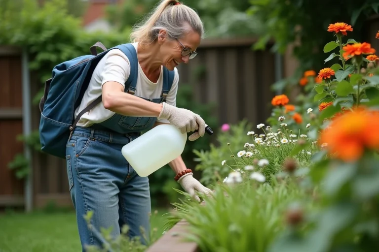 Femme en jardinage verse du vinaigre blanc dans un jardin
