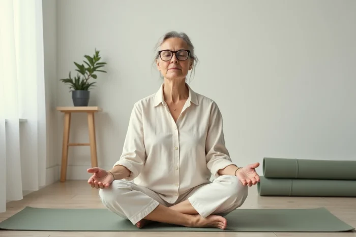 Femme mature en méditation sur un tapis de yoga dans un espace minimaliste pour illustrer le bien-être et la santé mentale au quotidien