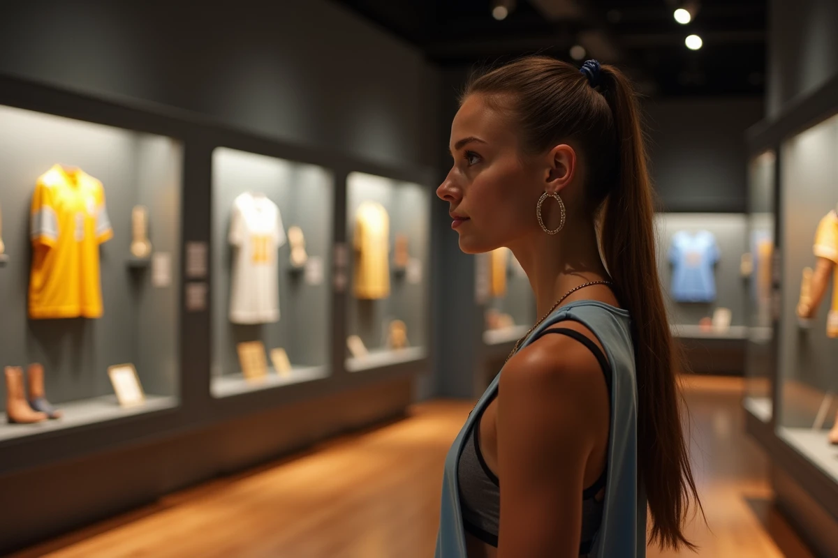 Jeune femme examine souvenirs sportifs dans un musée