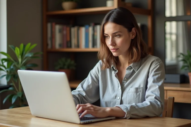 Femme naviguant sur le plan du site d'un site de décoration maison sur un ordinateur portable dans un bureau à domicile